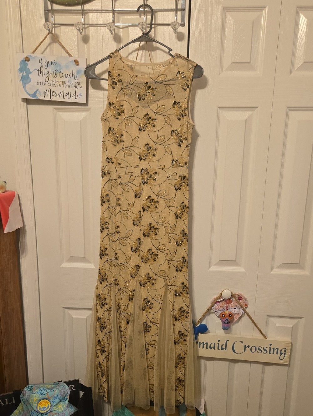 Sleeveless Beige Floral Maxi Dress with Sheer Panel Skirt